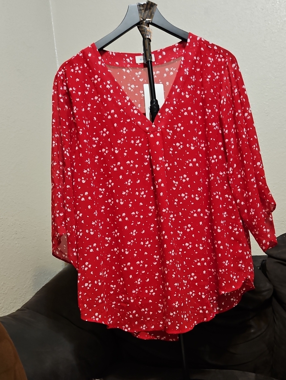 Red V-Neck Heart-Print Women's Blouse